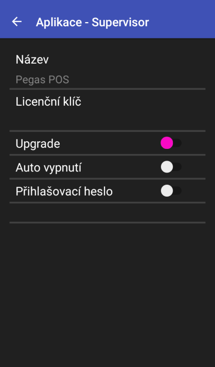 Název zobrazuje název aplikace Licenční klíč je možné zadat licenční klíč k aplikaci Upgrade je možné povolit / zakázat automatický upgrade aplikace posunutím spínače doprava / doleva Auto vypnutí je