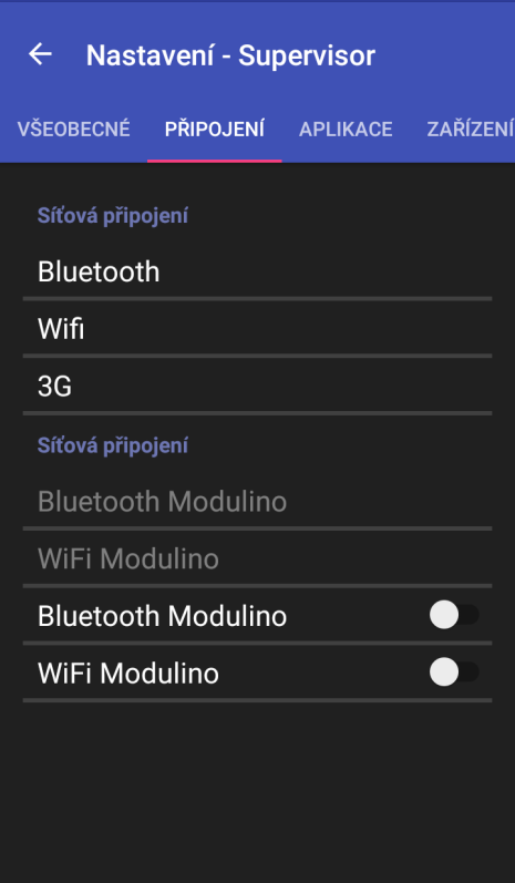 4.2 Připojení 4.2.1 Síťové připojení Nastavení síťových připojení Bluetooth, Wifi a 3G.