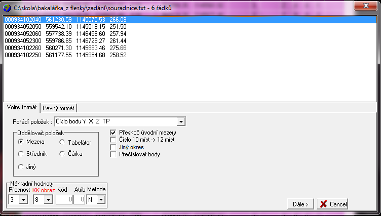 Po vybrání příslušného seznamu souřadnic nastavíme parametry tohoto souboru tak, aby program VKM mohl souřadnice bez problémů načíst. Potvrdíme Dále. Obr.