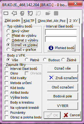 V seznamu souřadnic pro GP se uvádí souřadnice pro zápis do KN a souřadnice určené měřením, pokud se tyto souřadnice liší od souřadnic pro zápis do KN. Obr. 30: Výstup nových bodů. Obr. 31: Výběr bodů.