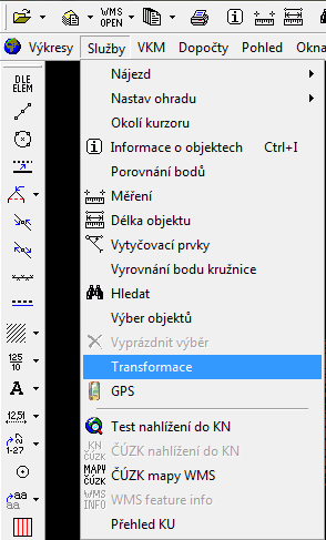 Pravým tlačítkem do plochy byl vyvolán příkaz Výkresy. V jednom okně byl ponechán výkres ve svatoštěpánském systému, v druhém okně potom seznam souřadnic v S-JTSK. Obr.