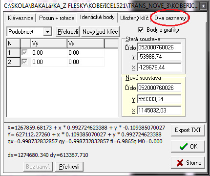 Po spuštění transformace z nabídky Služby se ze seznamu souřadnic vybraly 2 IB pro podobnostní transformaci. Za starou soustavu se považují body kresby v s. s. svatoštěpánském, za novou soustavu S-JTSK.