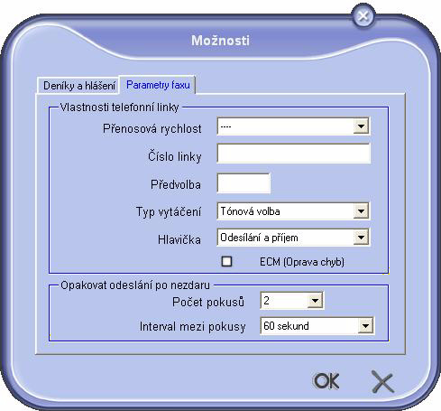 Popis záložky DENÍKY A PROTOKOLY Popis záložky PARAMETRY FAXU 11 - Vlastnosti PC Políčko označení Rychlost odesílání Rychlost odesílání podle standardu faxové stanice.