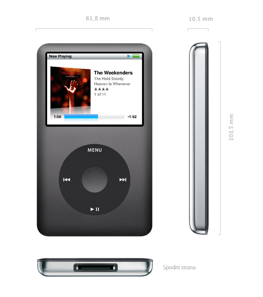 1 Úvod 2 Popis zařízení Testovaným zařízením je hudební přehravač ipod Classic od firmy Apple. 2.1 Technické vlastnosti Zařízení má display s úhlopříčkou 2,5 s rozlišením 320x240 pixelů.