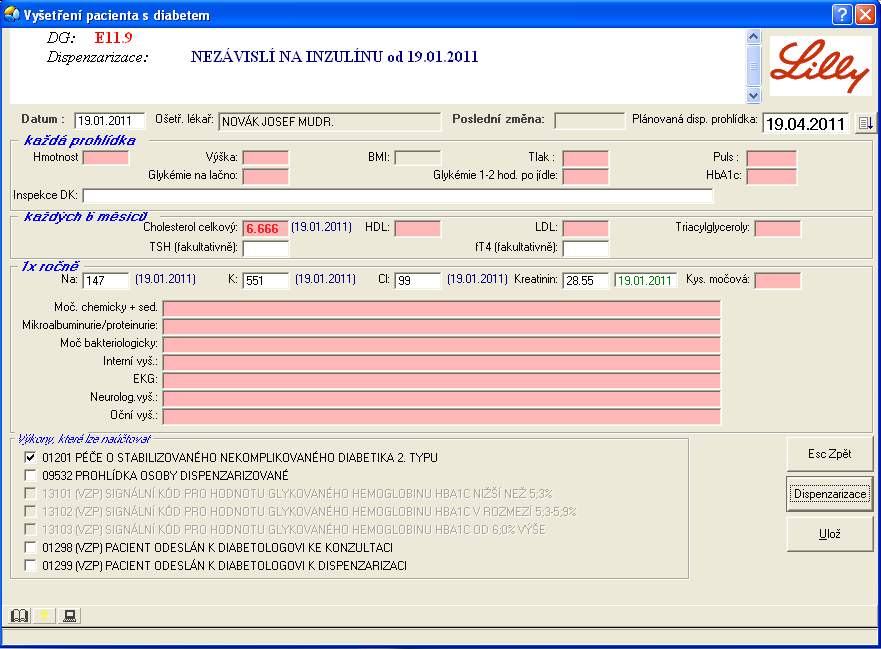 - 5 - Založení nového záznamu Při založení nového záznamu diabetika se otvírá nové okno, v němž jsou již předplněny použitelné údaje, které byly do počítače založeny v jiných funkcích.