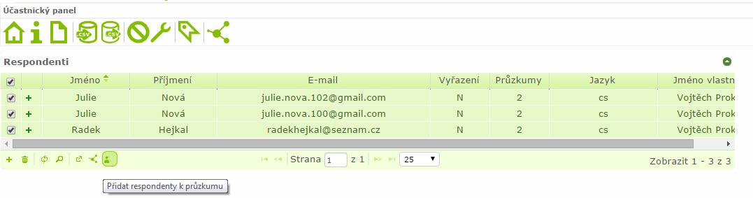 Jak ukazuje obrázek, nejprve označíme všechny respondenty (zaškrtnutím v levém horním rohu tabulky), následně zvolíme