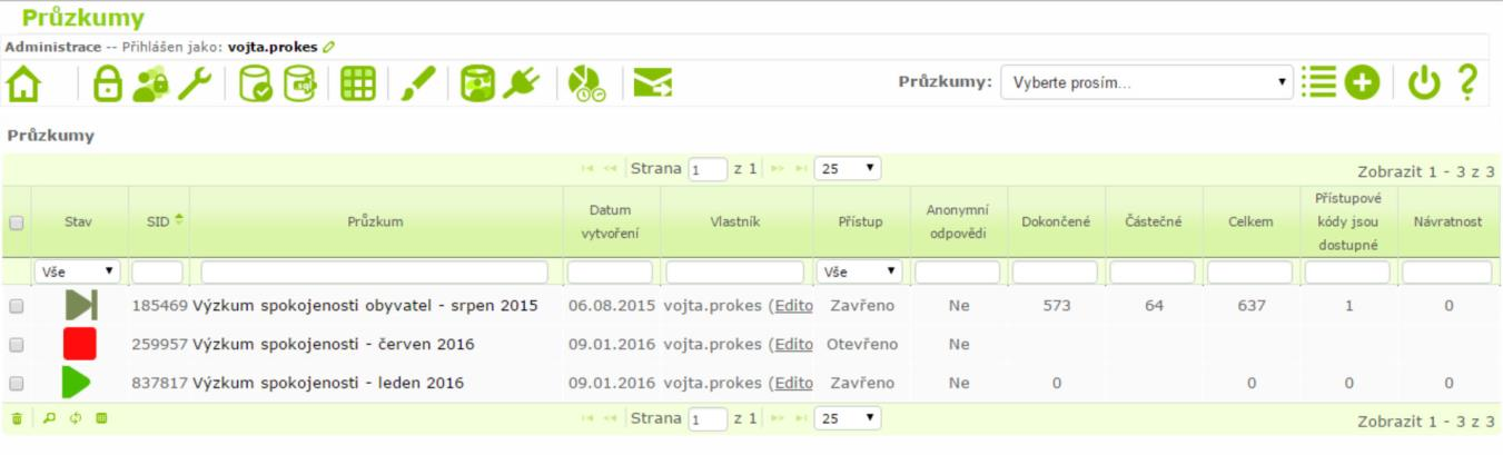 Příprava výzkumu Příprava dotazníku Příprava dotazníku začíná na úvodní stránce po přihlášení. Na obrázku níže vidíme tři výzkumy v různých fázích.