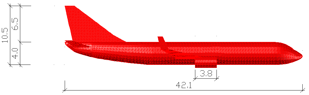 Obr. 2b: Tvar a rozměry modelu letadla 3 METODA ŘEŠENÍ Úloha byla řešena explicitní metodou konečných prvků [4] - [6] v programu RFEM.