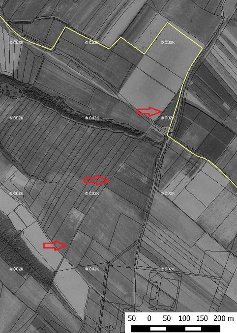 Obr. 39: Ortofotomapa (50. léta 20. st.) a katastrální mapa Existence pozůstatků liniového útvaru byla dále potvrzena i díky digitálním modelů terénu (DMT) vytvořenému na základě dat ČÚZK (DMR 5G).