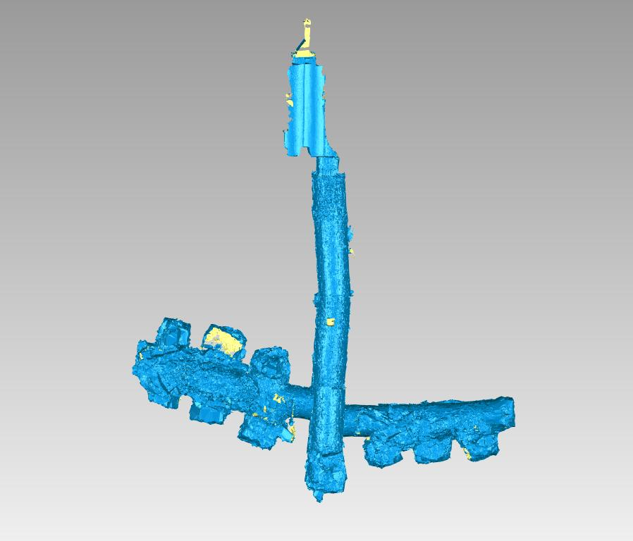 Obr. 72: 3D model pořízený laserovým fázovým skenerem Surphaser; tvar podzemních chodeb připomíná letadlo, typická křížová