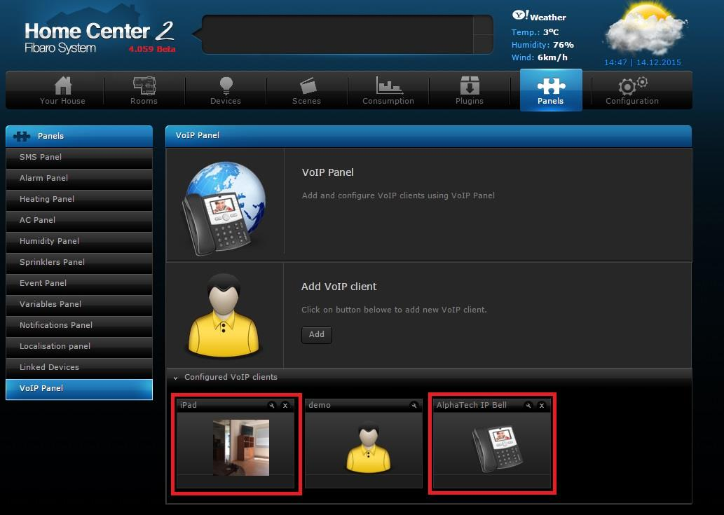 Na obrázku môžeme vidieť 3 VoIP klientov pričom prvý ipad je definovaný pomocou aplikácie Fibaro Intercom,