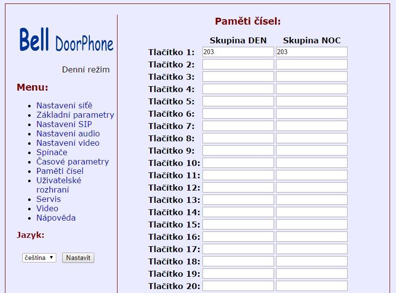 V menu následne vyberieme položku Pamäť čísel, kde pre tlačidlo 1 nastavíme znova číslo 203 VoIP klienta ipadu.