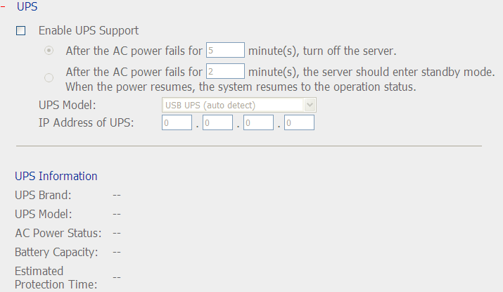 HW NVR 6.4.4 UPS Pokud je NVR připojen k zálohovanému zdroji napájení (UPS), nastavte reakci NVR na výpadek normálního napájení.