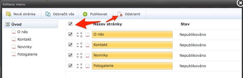 Obrázek 3: Úprava menu v aplikaci Webnode Nyní si již vytvoříte novou stránku pomocí tlačítka Nový v hlavním ovládacím panelu.