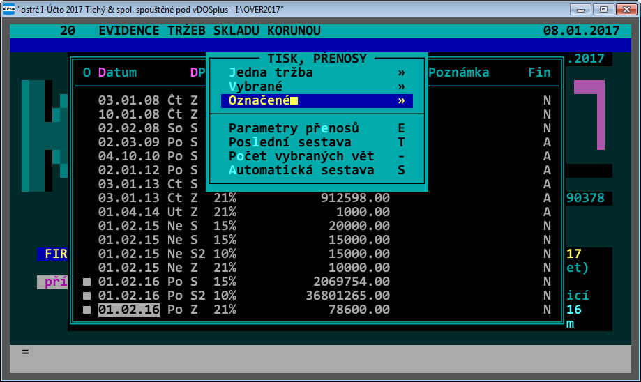 3.4.1 Přenosy tržeb do financí (ShiftF6) Volba ShiftF6 Tisk, přenosy umožňuje přenosy zadaných tržeb do financí Účta.