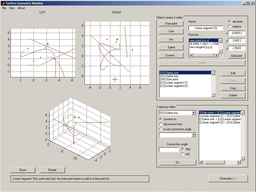 TeePee Geometry Panel pro tvorbu a editaci jednotlivých Prostorový segmentů. pohled pro kontrolu vytvořených segmentů a Dva nastavitelné trajektorie.