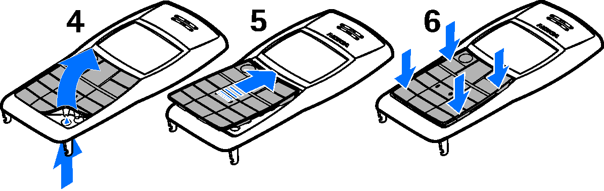 Demontujte zadní kryt telefonu a baterii. Viz kroky 1 a 2 v èásti Instalace SIM karty na str. 14. 2. Opatrnì sejmìte pøední kryt, zaènìte ve spodní èásti telefonu (3).