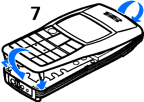 4. Vyrovnejte vrchol pøedního krytu s vrcholem telefonu a stisknìte pøední kryt, aby dosedl na místo (7). 5. Nainstalujte baterii a nasaïte zadní kryt.