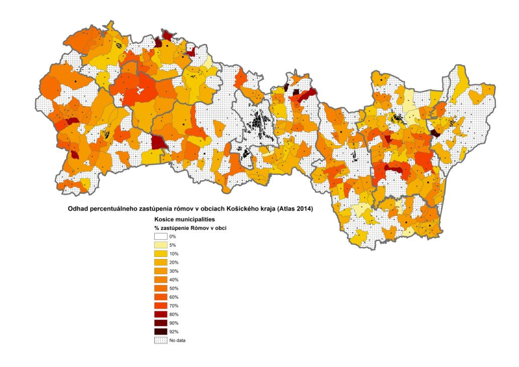 Obrázok 1 Odhad percentuálneho zastúpenie Rómov v obciach Košického kraja Zdroj: Atlas rómskych komunít na Slovensku 2013 Najvyšší počet Rómov podľa odhadov z Atlasu 2013 býva v meste Košice, kde na