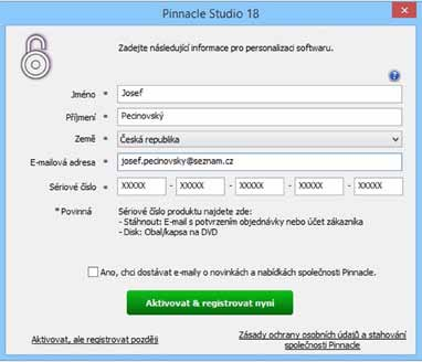 Toto okno (a tím pádem dodatečná registrace) je dostupné z nabídky Nápověda Aktivovat a zaregistrovat produkt.