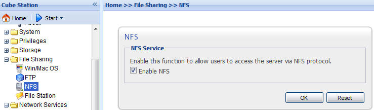 Tuto funkci můžete povolit zaškrtnutím políčka v části Sdílení souborů > NFS. Oprávnění pro NFS nastavíte v části Oprávnění > Sdílená složka.