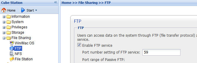 Z Internetu Přes FTP Synology Disk Station nabízí službu FTP. Správce může službu FTP povolit ve webovém rozhraní pro správu na stránce Sdílení souborů > FTP.