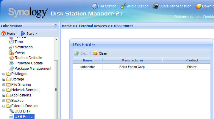 Sdílení USB tiskáren Stanice Synology Disk Station umožňuje sdílet 2 USB tiskárny.