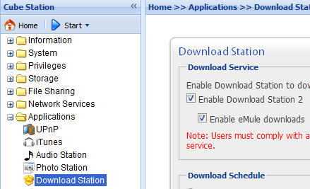 Download Station 2 Synology Disk Station může stahovat soubory z Internetu přes BitTorrent, FTP, HTTP, NZB a emule. K dispozici je také částečné stahování souborů přes BitTorrent.