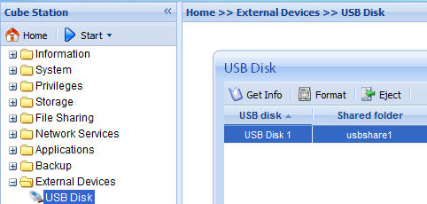 S externím pevným diskem Externí USB pevný disk Při připojení externího USB pevného disku k USB portu stanice Synology Disk Station se automaticky vytvoří sdílená složka usbshare1.