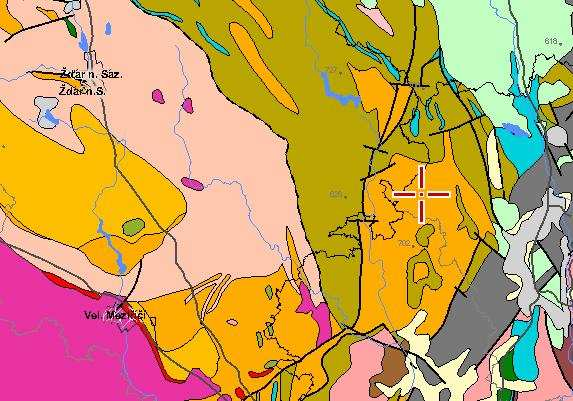 14 Výřez geologické mapy - Bystřice nad Pernštejnem a okolí (http://www.geologicke-mapy.