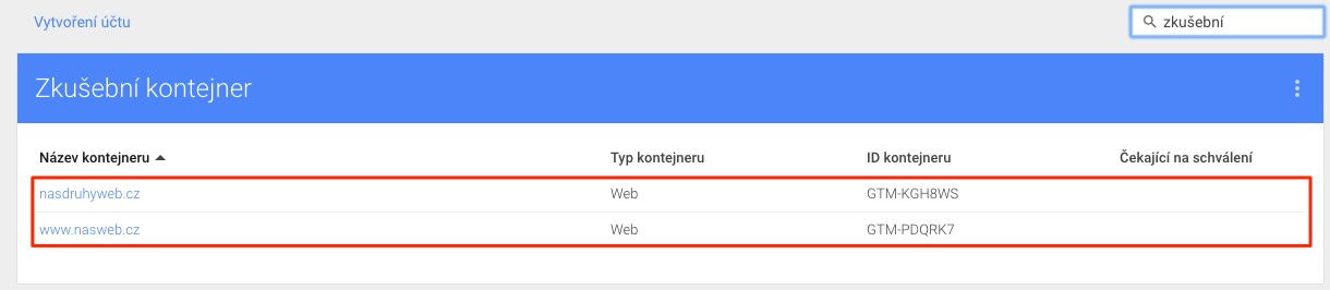 2.1 Struktura GTM Pro přehlednost si ještě shrňme strukturu tohoto nástroje. Jeden Google Tag Manager účet může mít libovolný počet kontejnerů.