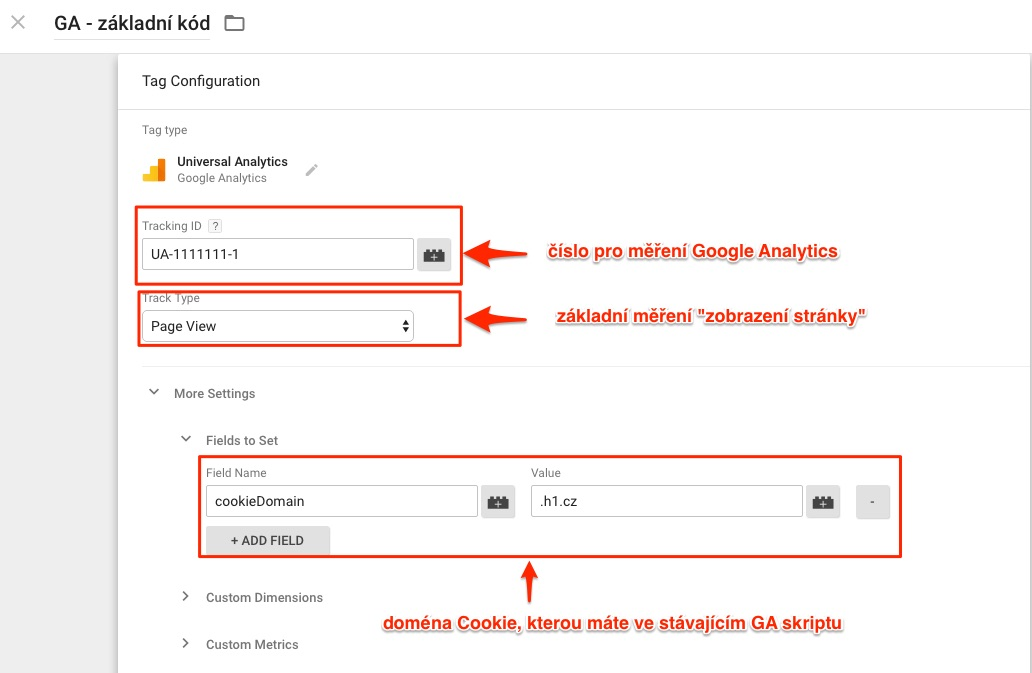 5 Vkládání konkrétních kódů do GTM 5.1 Google Analytics Následující kapitoly obsahují konkrétní postup, jak implementovat základní e-commerce měření pro Google Analytics pomocí Google Tag Manageru.