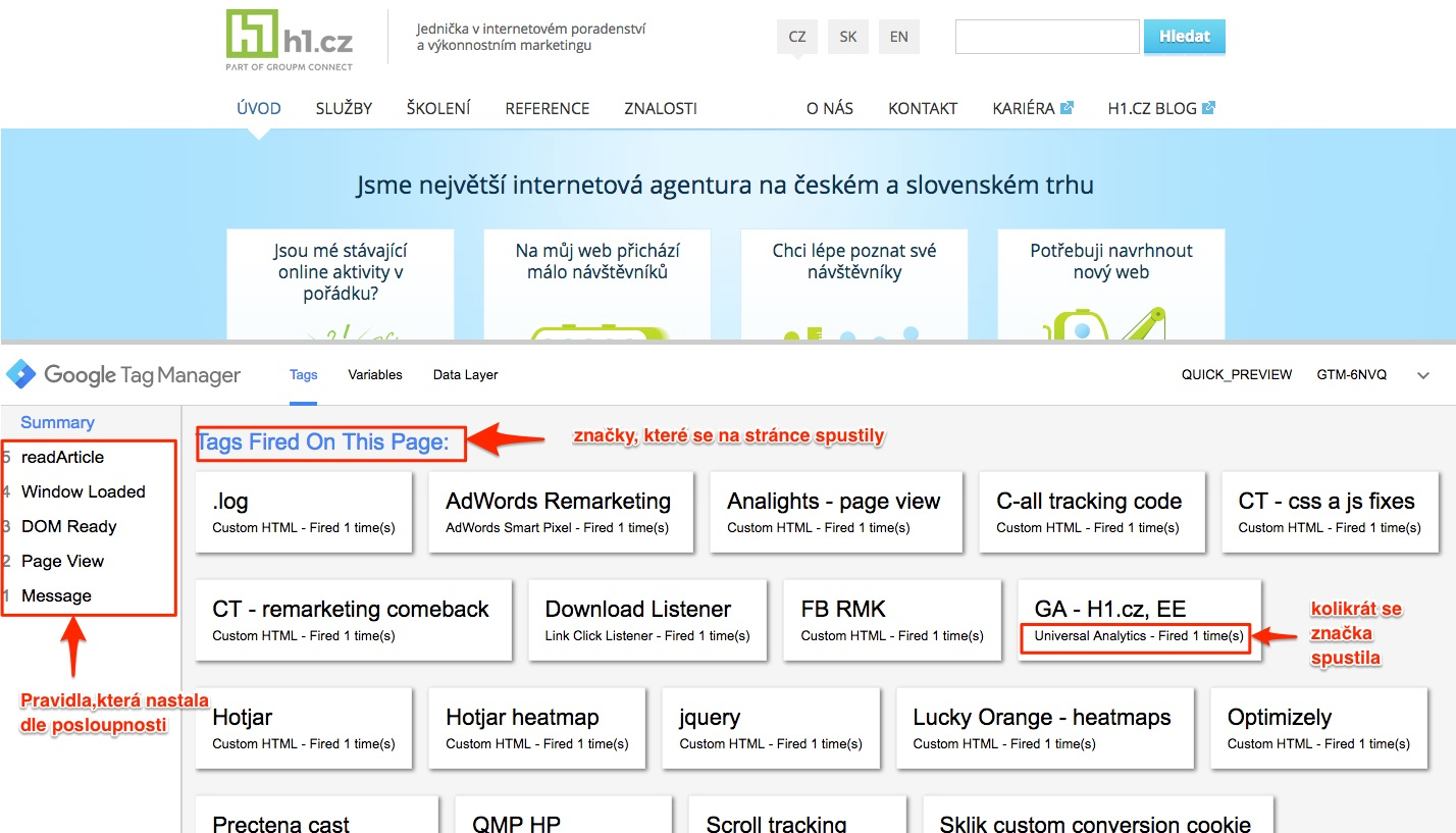 Debug značek (tagů) Debug proměnných Chcete-li vidět, jaké hodnoty různých proměnných v určitých okamžicích (eventech) byly, v ladicím okně se z Tags překlikněte na záložku Variables a zvolte