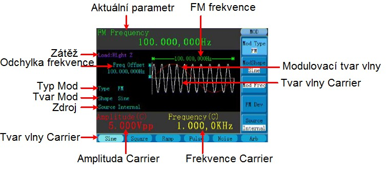 Vysvětlení pojmů AM frequency: Frekvence modulovacího tvaru vlny. Mod Depth: Rozsah amplitudy modulovacího tvaru vlny. Při Modulation 0% je amplituda výstupu polovina nastavené.