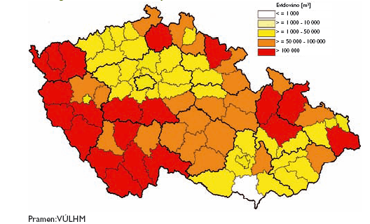 25. Evidované poškození porostů větrem, sněhem a námrazou (převzato: Zpráva o stavu lesa a lesního hospodářství České republiky, 2007) Těžba pro odstranění následků živelních pohrom se tak v