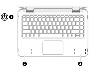 Tlačítka a reproduktory Součást Popis (1) Tlačítko napájení Pokud je počítač vypnutý, stisknutím tlačítka počítač zapnete. (2) Reproduktory (2) Reprodukují zvuk.