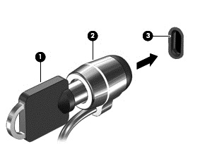 3. Zámek bezpečnostního kabelu vložte do zásuvky kabelu nacházející se na počítači (3) a klíčem zámek