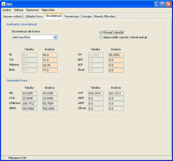 Stravitelnosti V této záložce se počítají stravitelnosti na základě typu krmiva. Pro výběr krmiva slouží ComboBox v horní části záložky.