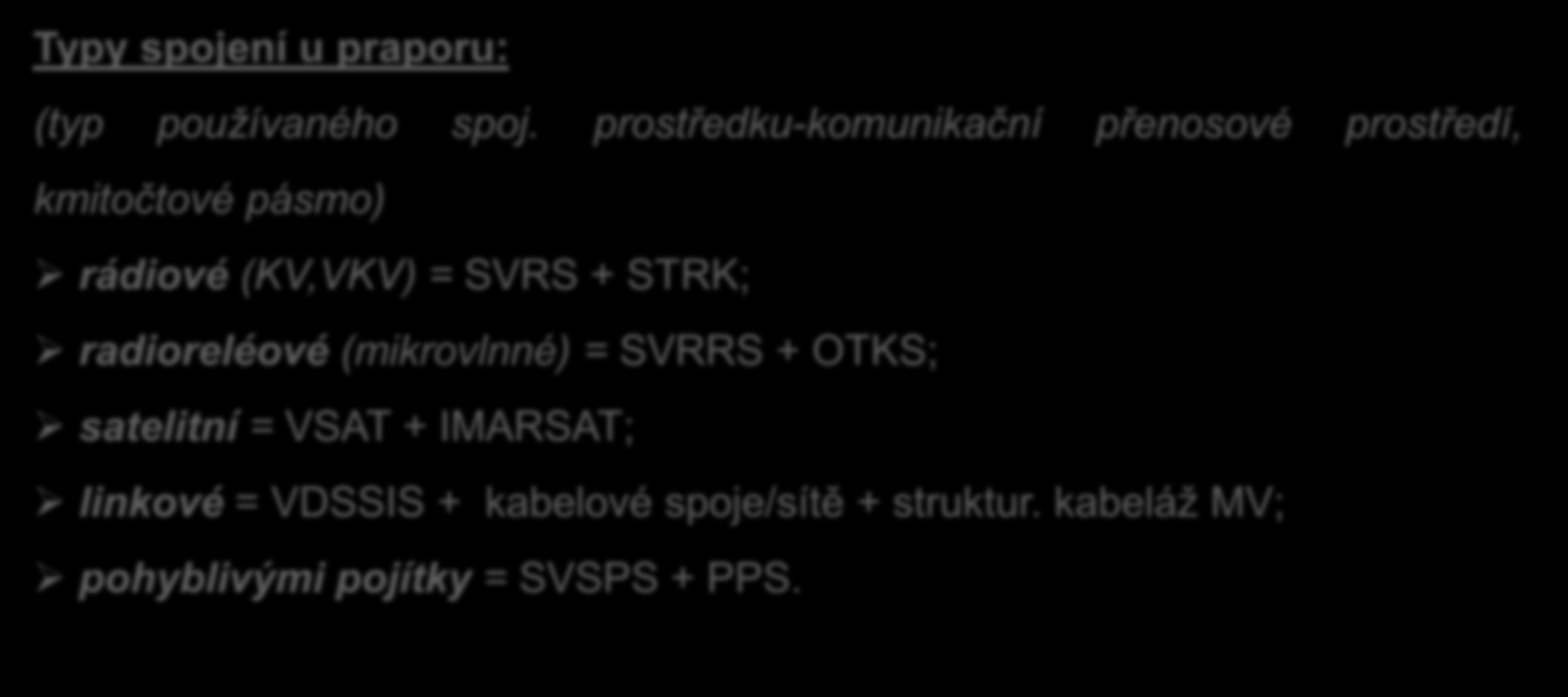 + STRK; radioreléové (mikrovlnné) = SVRRS + OTKS; satelitní = VSAT + IMARSAT; linkové