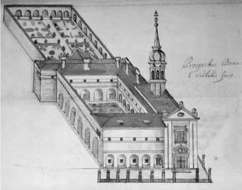 Obr. č. 1 Veduta slánské koleje, 1683. Pohled z východní a jižní strany. Archivo storico della Curia Generalizia delle Scuole Pie di Roma.