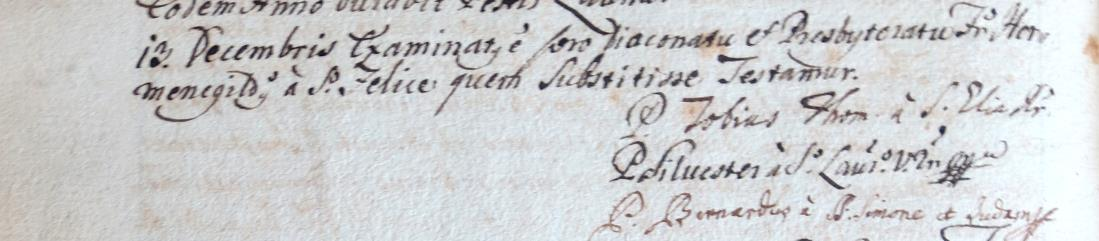 Obr. č. 5 Zápis z 13. 12. 1714 s originálními podpisy: Thobias Thomas a S. Elia, Silvestrus a S. Laurentio, Bernardus a SS. Simone et Juda.