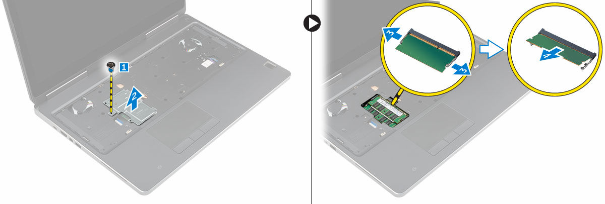 Instalace sekundární paměti 1. Vložte sekundární paměť do patice paměti. 2. Zatlačením na svorky zajistěte paměťový modul na základní desce. 3.