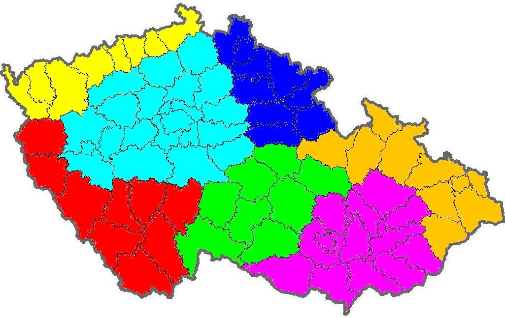 Obr. 1: Rozdělení území České republiky na 7 oblastí, pro které je BMP ČHMÚ vydávána. V první řadě je třeba hned na začátku stanovit, která složka BMP má být v konkrétním případě verifikovaná.