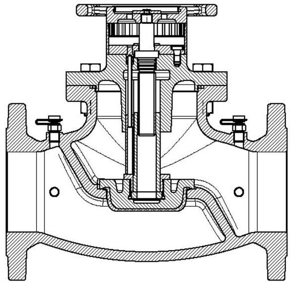 stupačkový regulačný ventil s meracími ventilčekmi DN 0-300 priamy, teleso zo sivej liatiny GJL 20 podľa EN 6, príruby podľa EN 092, PN6; modro lakovaný.