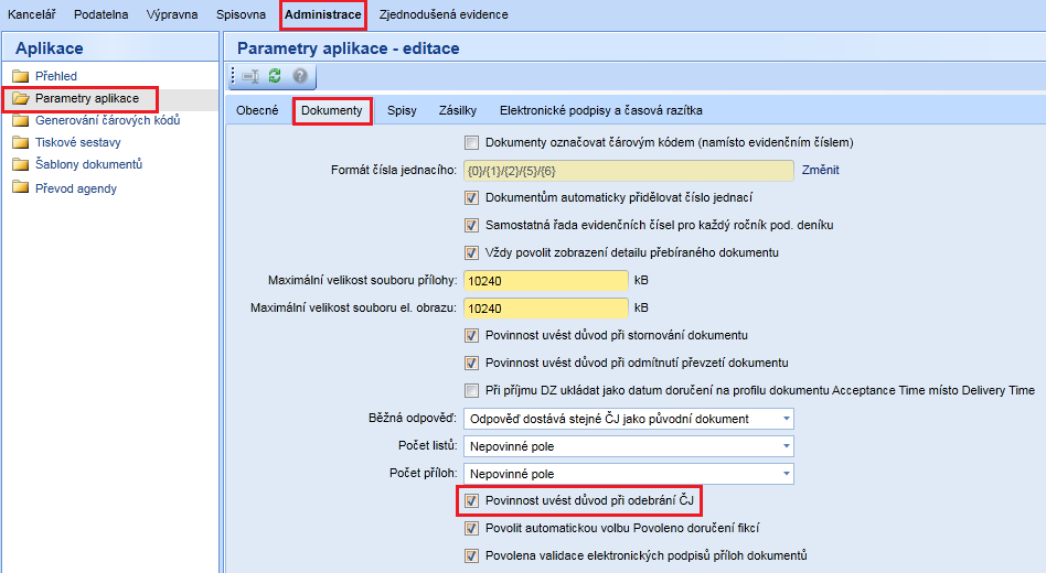 12. Čísl jednací důvd debrání Mdul Administrace/ Aplikace/ Parametry aplikace, zálţka Dkumenty: Na frmuláři přibyl nvý checkbx Pvinnst uvést důvd při debrání ČJ,