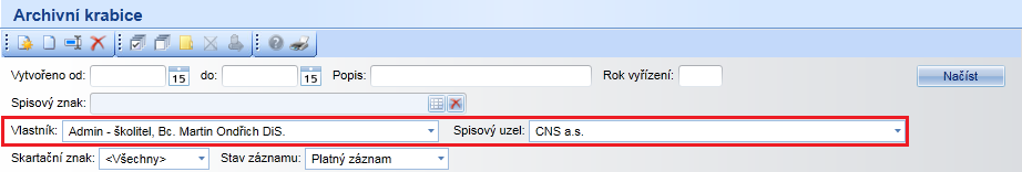 8. Převdy archivních krabic Mdul Kancelář/ Převdy d spisvny/ Archivní krabice Na frmuláři Archivních krabic, v blasti filtru vyhledávání, přibyly ple Vlastník a Spisvý uzel, přičemţ: pkud je v mdulu