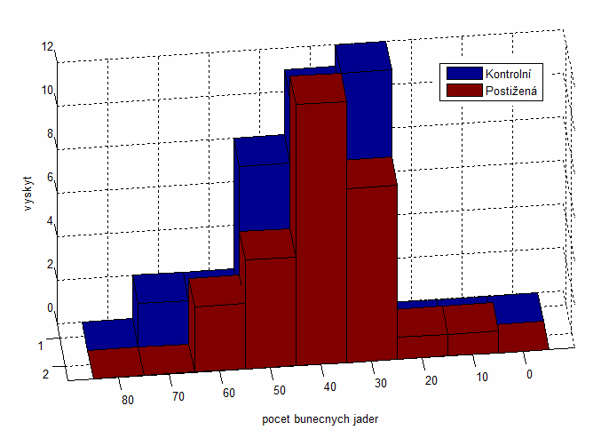 Obr. 32 Příklad vyhodnoceného rozložení - počet buněčných jader v obrazech VCV. Příklad původního obrazu NUSS s viditelnými neurony lze vidět na obr. 33.