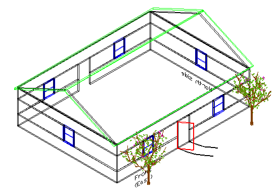 Jeden z rohů domu (mezi levým a předním pohledem) leží nejblíže a díváte se mezi bočním a horním pohledem.