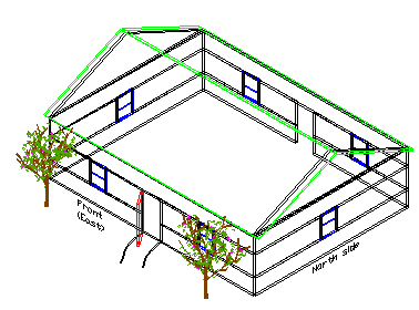 Izometrický JV na 3D dům Izometrický (jihovýchodní) pohled zobrazuje model šikmo ve všech třech rozměrech.
