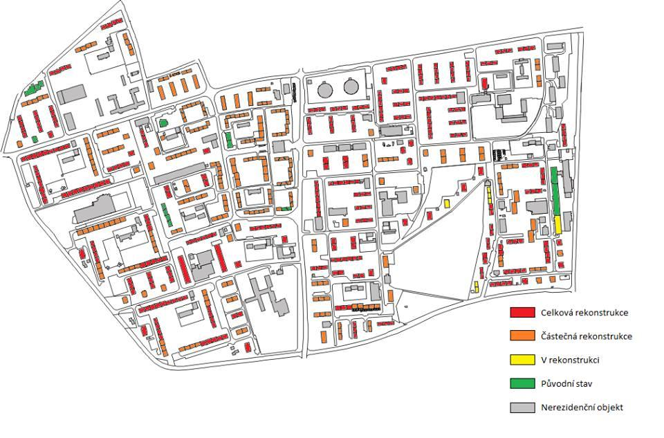 Již v terénním šetření v roce 2011 (obrázek 2) byla vypozorována asi třetina rezidenčních objektů po celkové rekonstrukci a mnoho jednotek rekonstruovaných částečně.